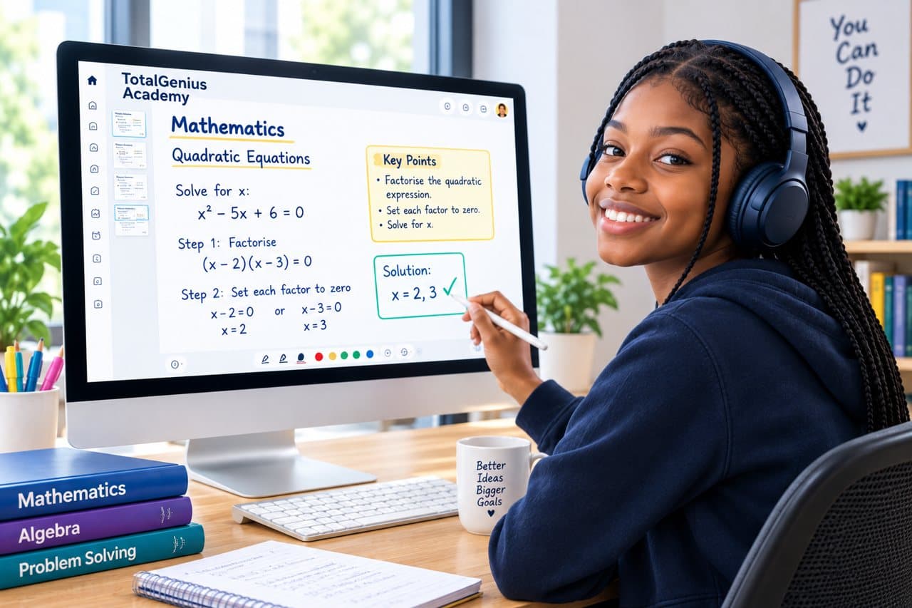 Student solving quadratic equations on an interactive whiteboard